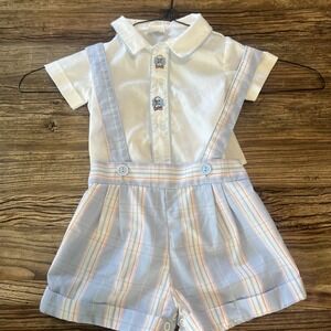 Vintage 12 Mos Boys Blue‎ Plaid Shorts Set Sailor Emboidered Shirt Suspender